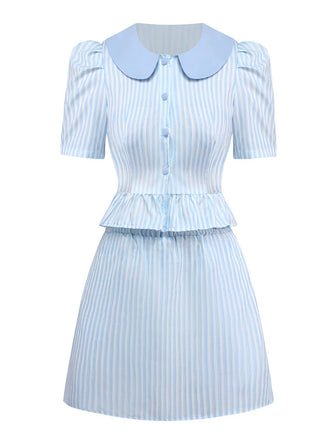2PCS 1960s Vertical Stripes Peter Pan Collar Blouse & Skirt
