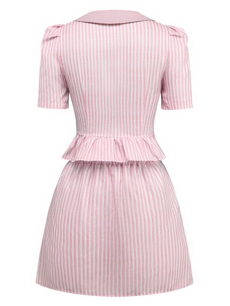 2PCS 1960s Vertical Stripes Peter Pan Collar Blouse & Skirt