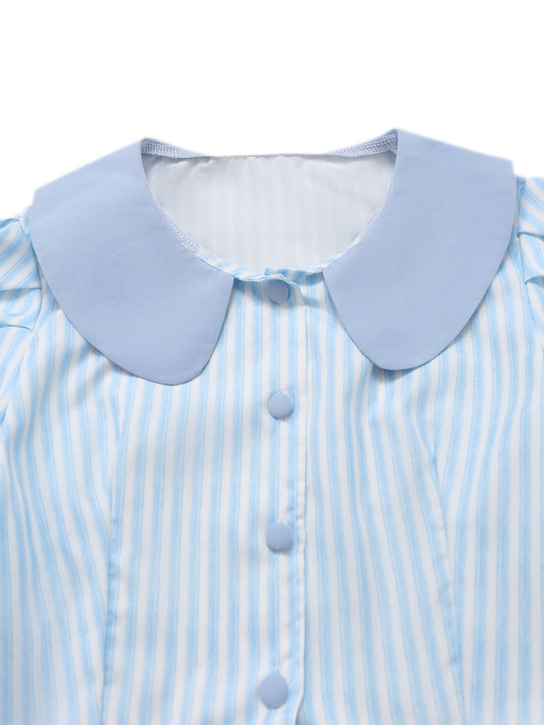 2PCS 1960s Vertical Stripes Peter Pan Collar Blouse & Skirt