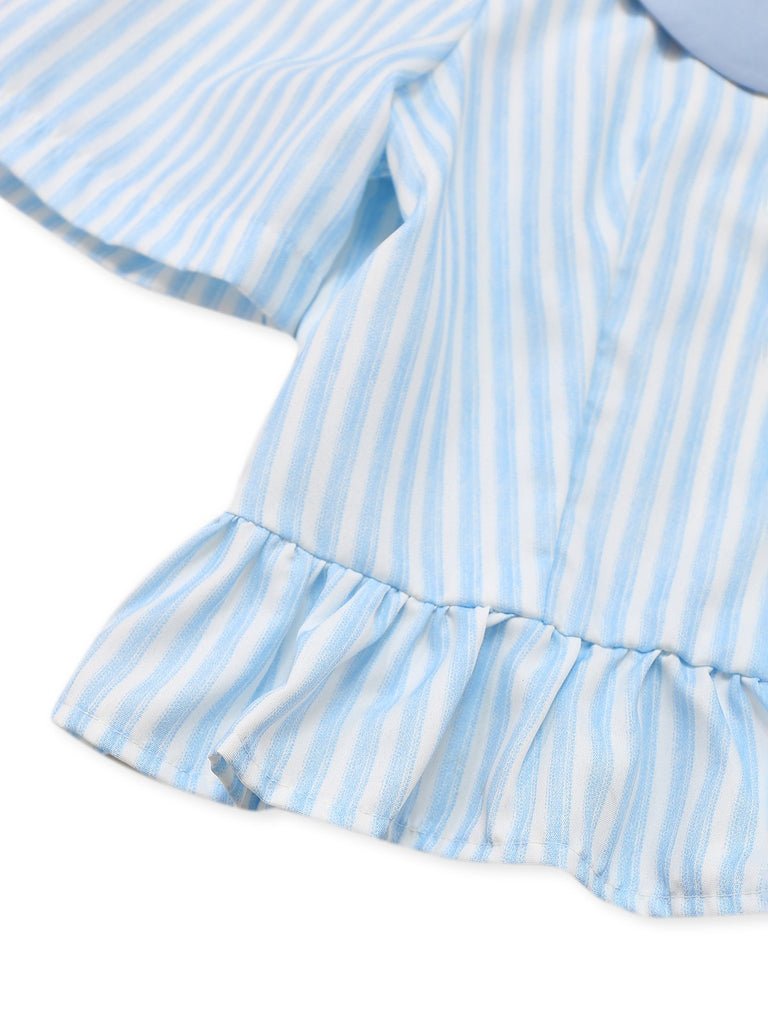 2PCS 1960s Vertical Stripes Peter Pan Collar Blouse & Skirt
