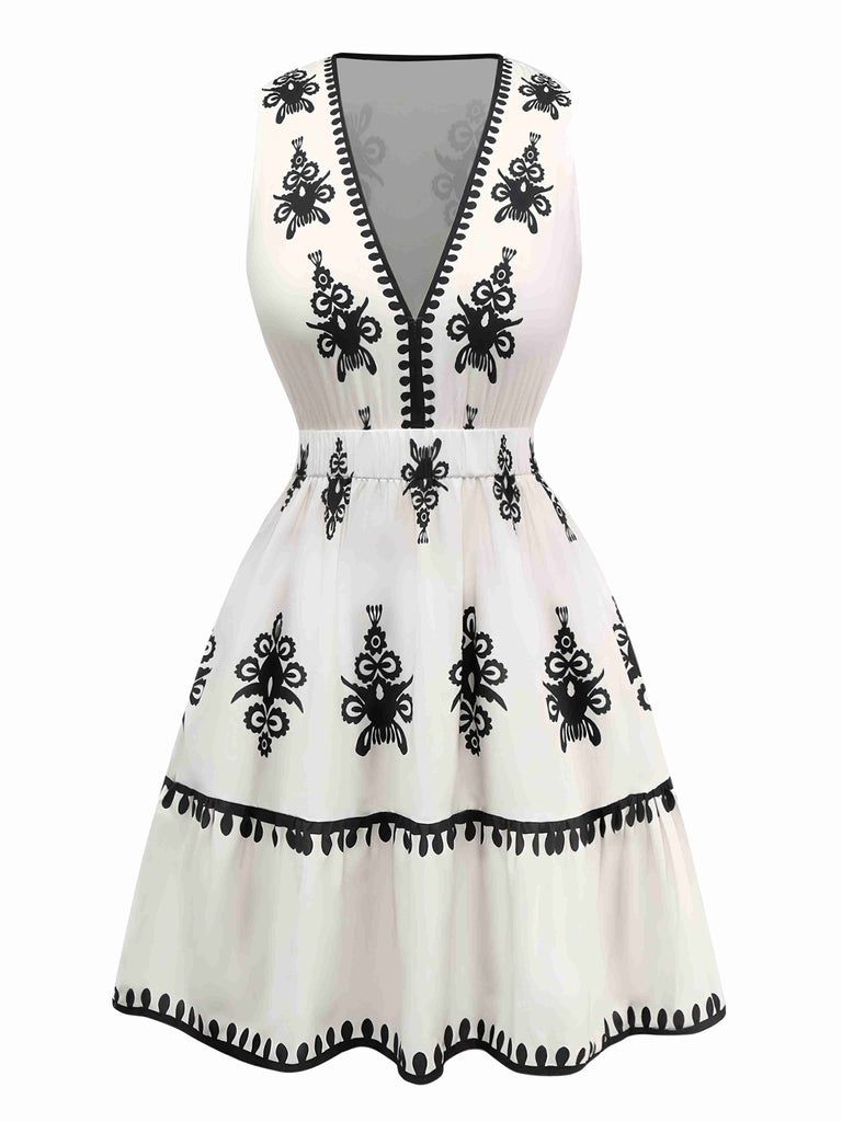 White 1970s Deep V Boho Floral Dress