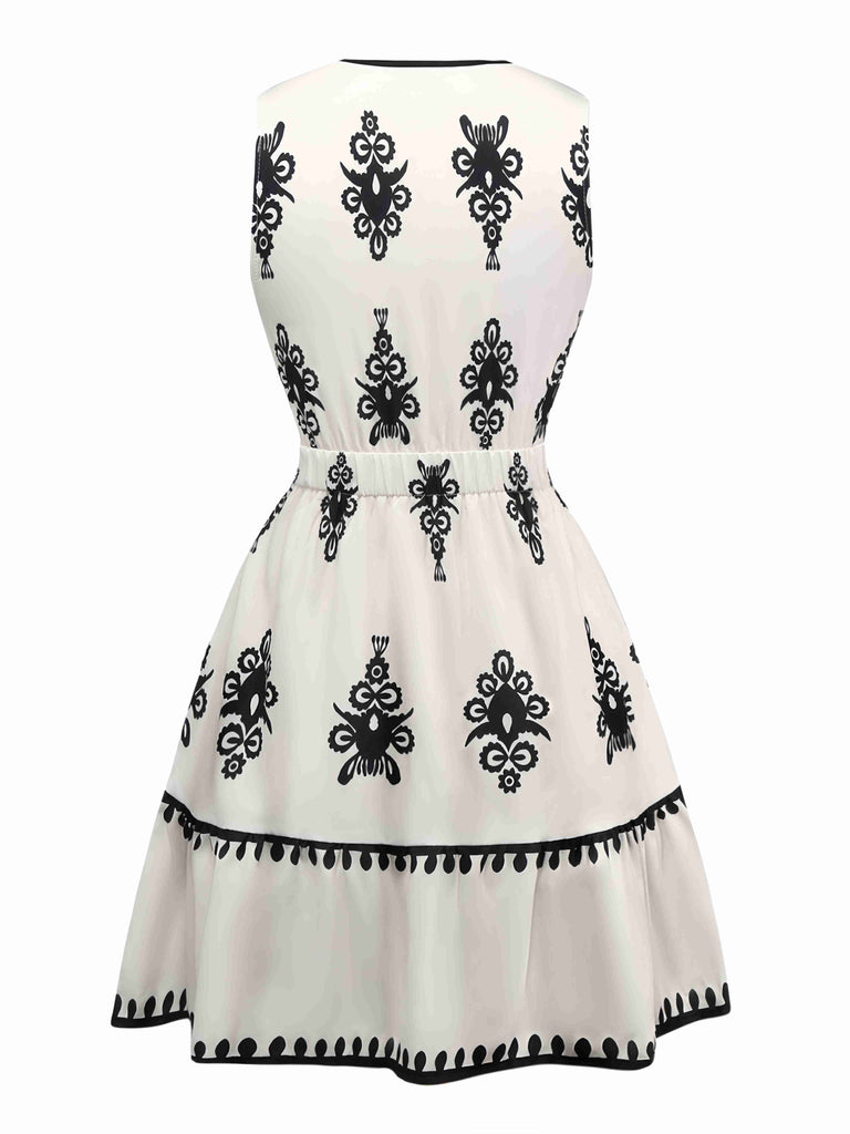 White 1970s Deep V Boho Floral Dress