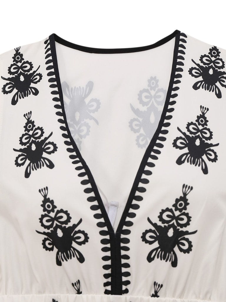 White 1970s Deep V Boho Floral Dress