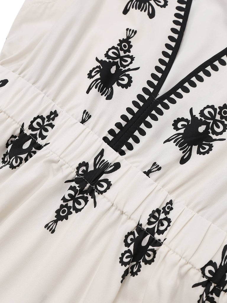White 1970s Deep V Boho Floral Dress