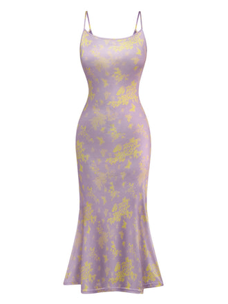 Purple 1930s Butterfly Floral Mermaid Slip Dress