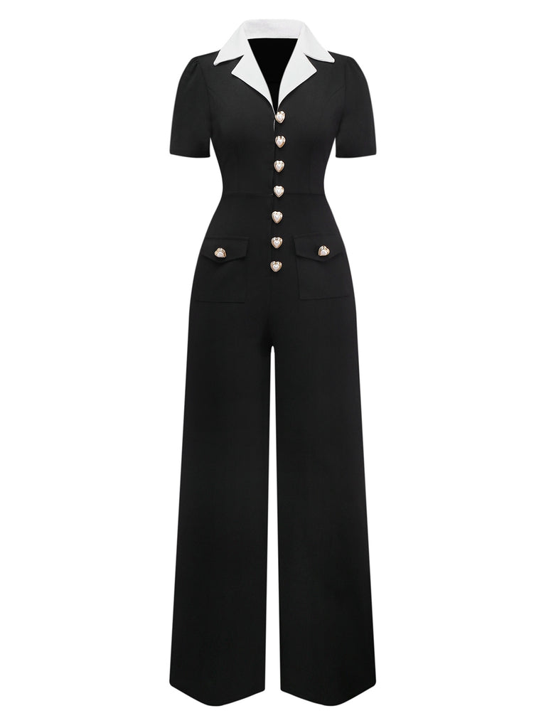 Black & White 1930s Notched Collar Buttoned Jumpsuit