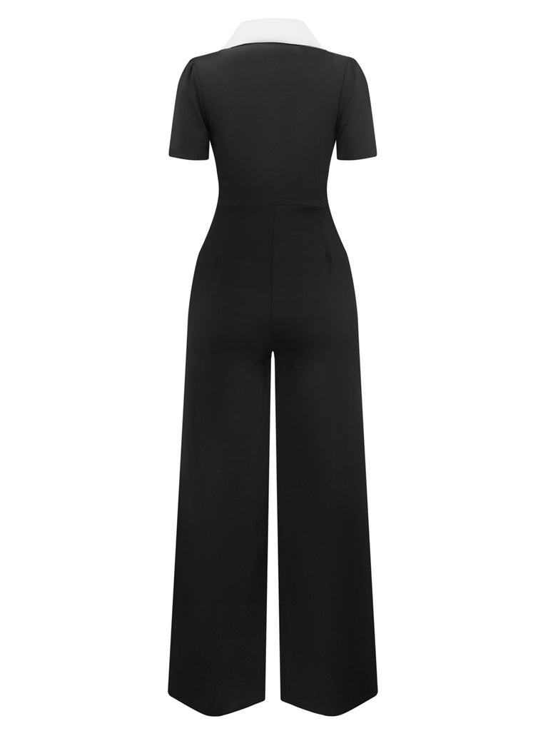 Black & White 1930s Notched Collar Buttoned Jumpsuit