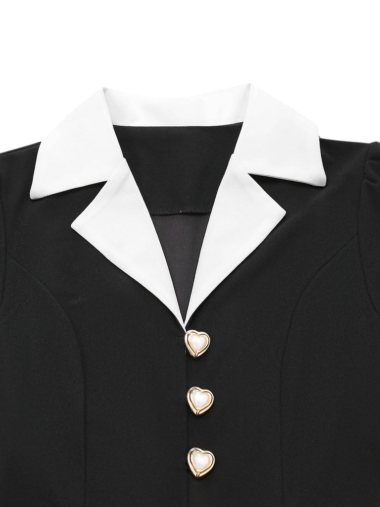 Black & White 1930s Notched Collar Buttoned Jumpsuit