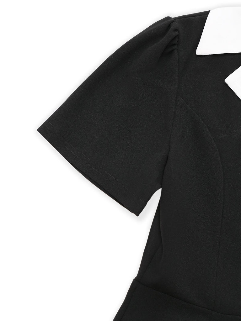 Black & White 1930s Notched Collar Buttoned Jumpsuit