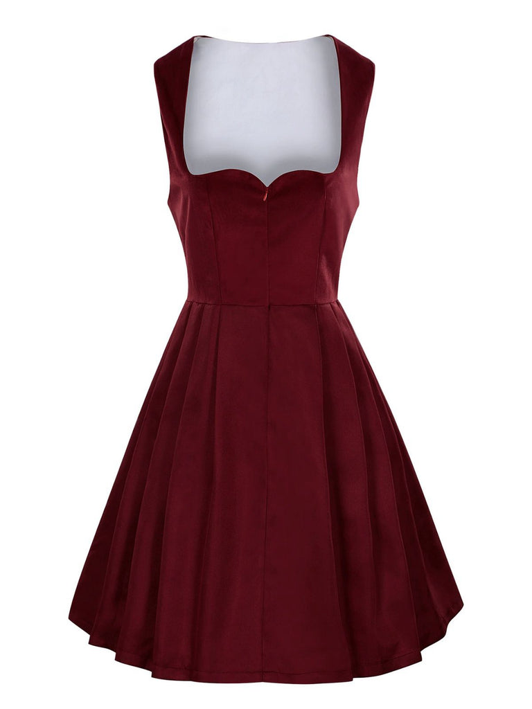 2PCS Wine Red 1950s Ethnic Floral Velvet Dress & Apron