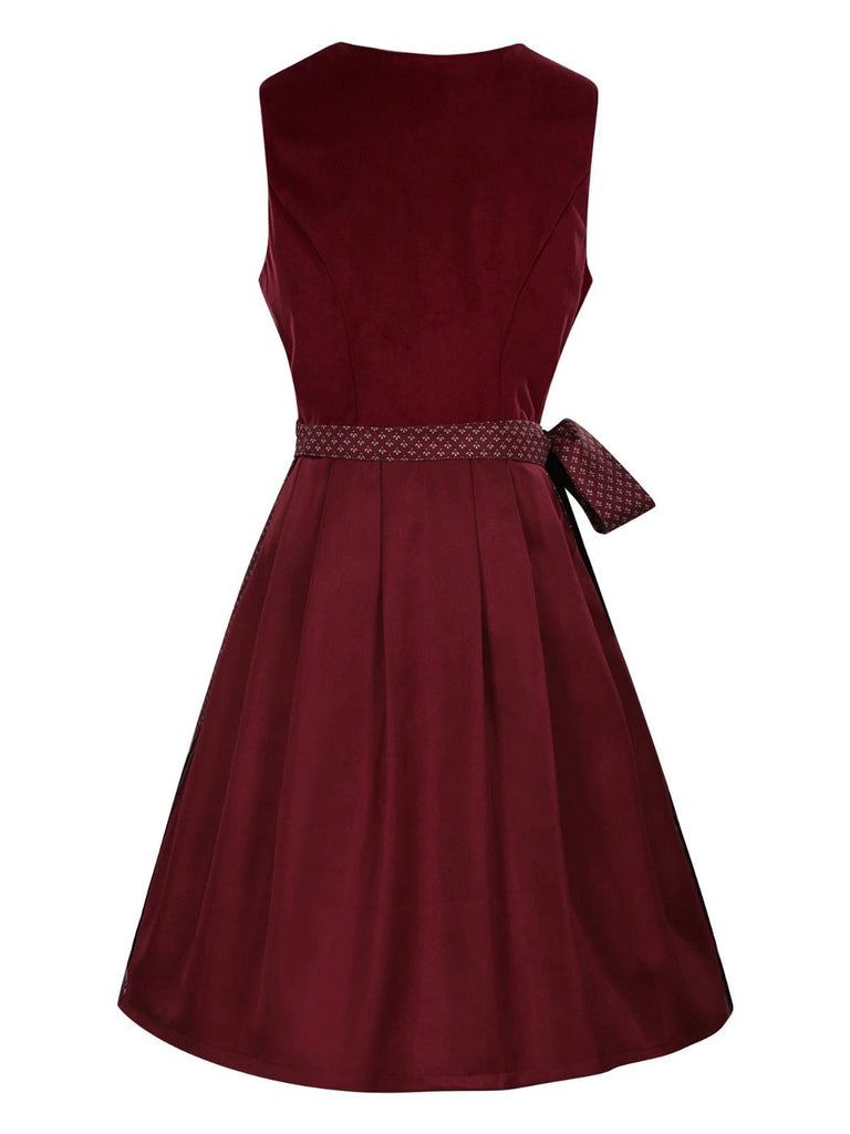 2PCS Wine Red 1950s Ethnic Floral Velvet Dress & Apron