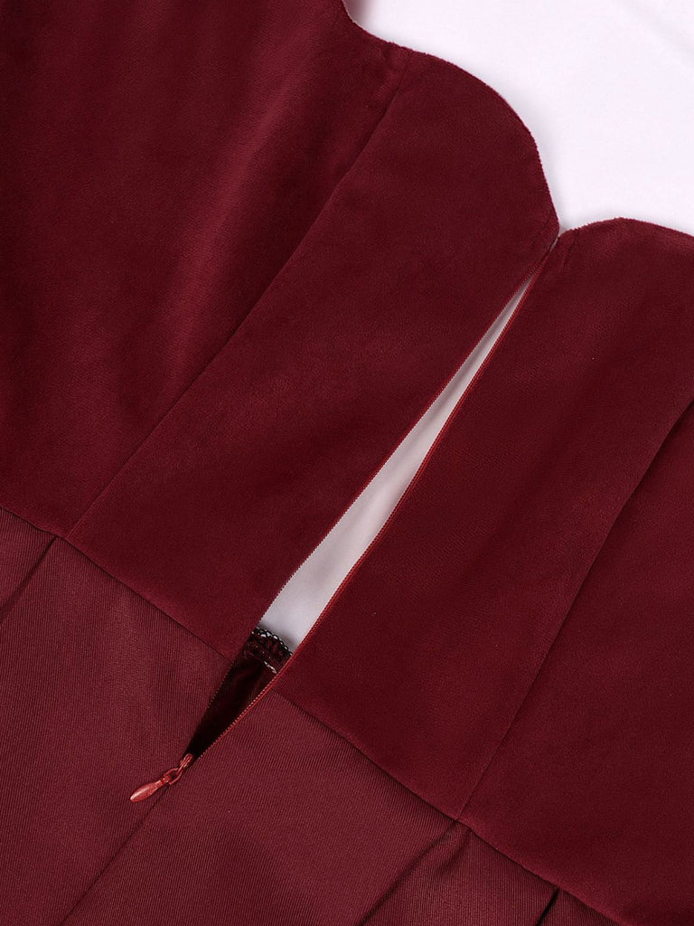 2PCS Wine Red 1950s Ethnic Floral Velvet Dress & Apron