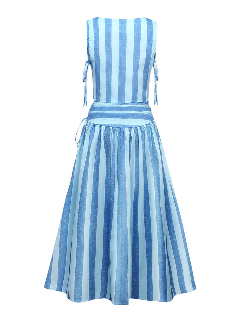 2PCS Blue 1950s Stripes Square Neck Top & Ruched Skirt