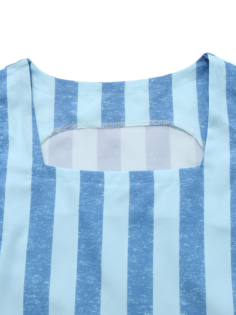 2PCS Blue 1950s Stripes Square Neck Top & Ruched Skirt