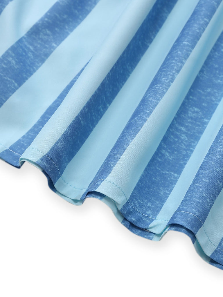 2PCS Blue 1950s Stripes Square Neck Top & Ruched Skirt
