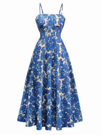 Blue 1940s Painting Floral Straps Dress