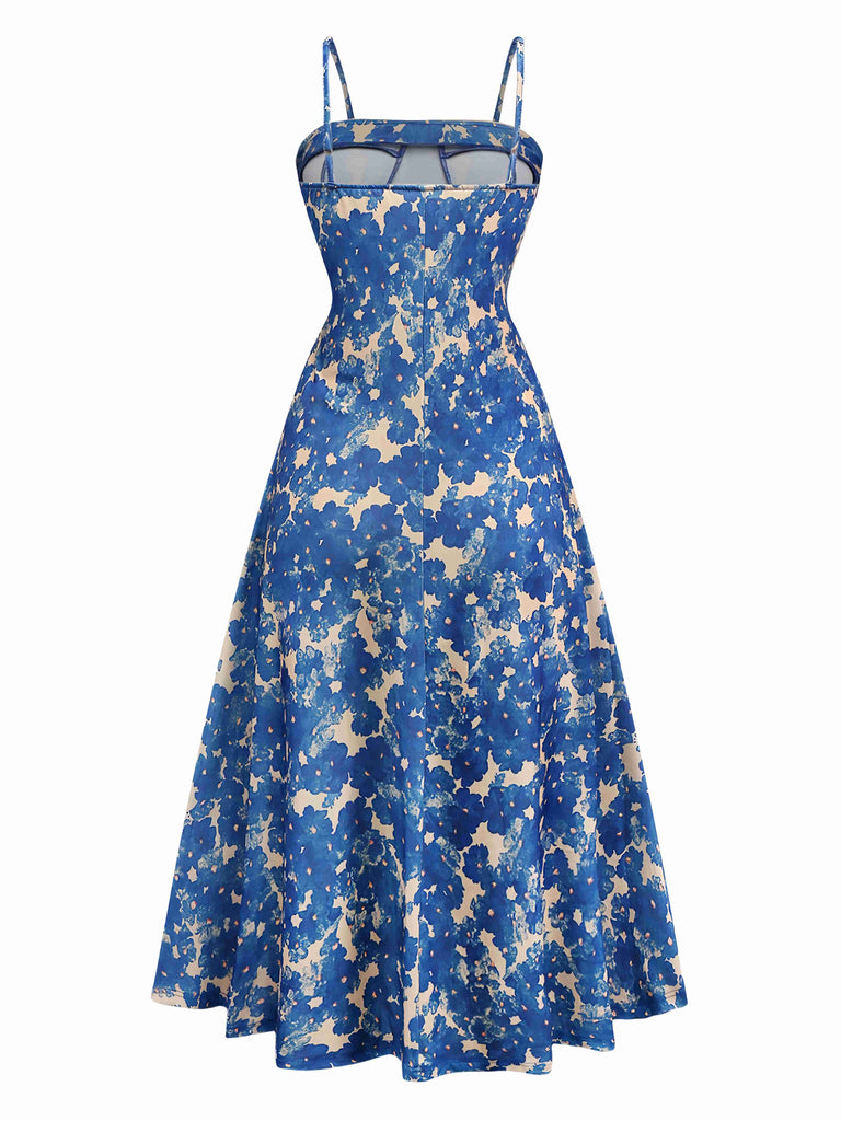 Blue 1940s Painting Floral Straps Dress
