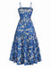 Blue 1940s Painting Floral Straps Dress