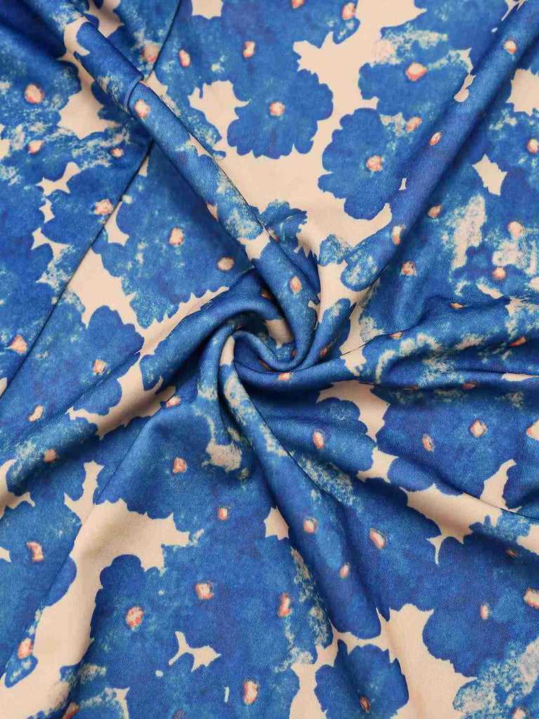 Blue 1940s Painting Floral Straps Dress