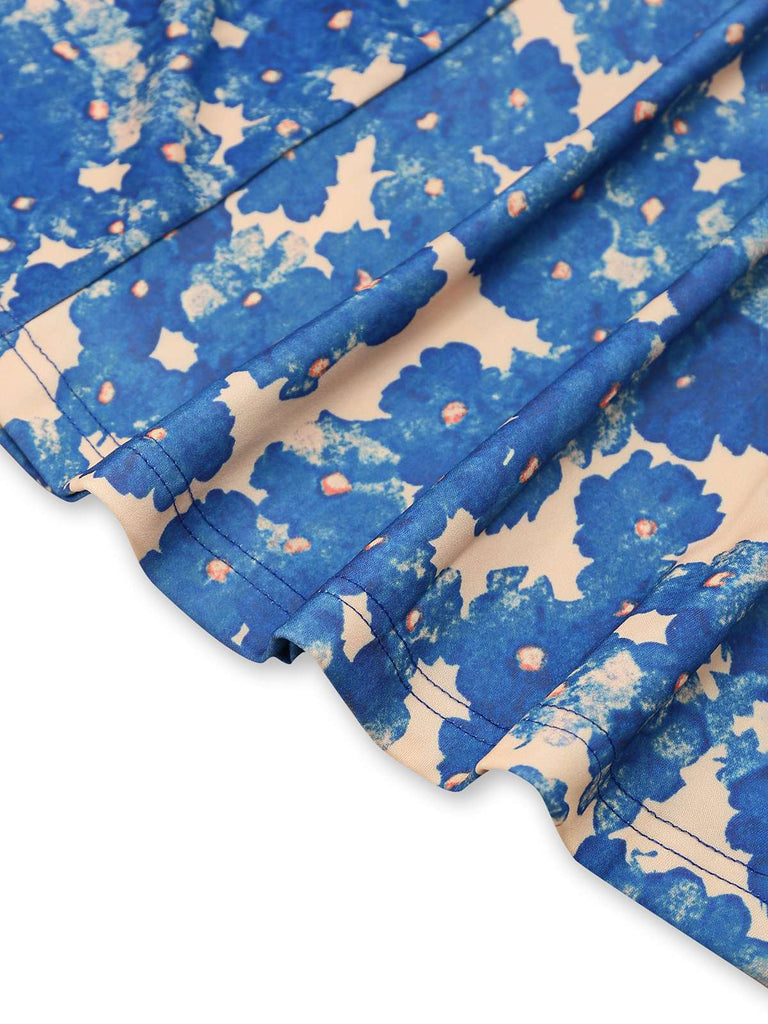 Blue 1940s Painting Floral Straps Dress