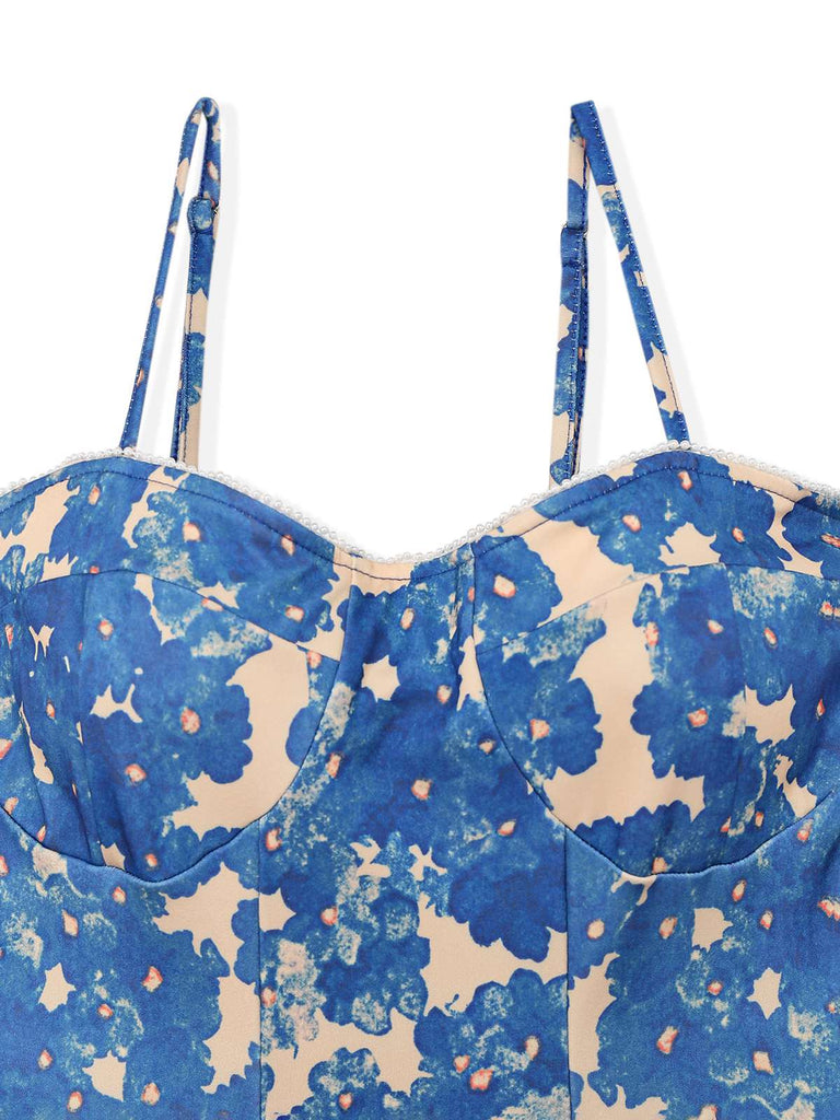 Blue 1940s Painting Floral Straps Dress