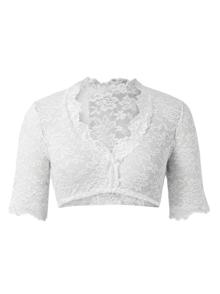 White 1950s Solid V-Neck Floral Lace Crop Top