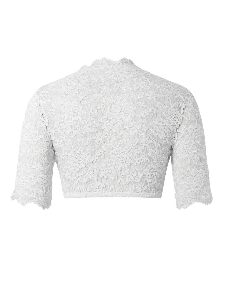 White 1950s Solid V-Neck Floral Lace Crop Top