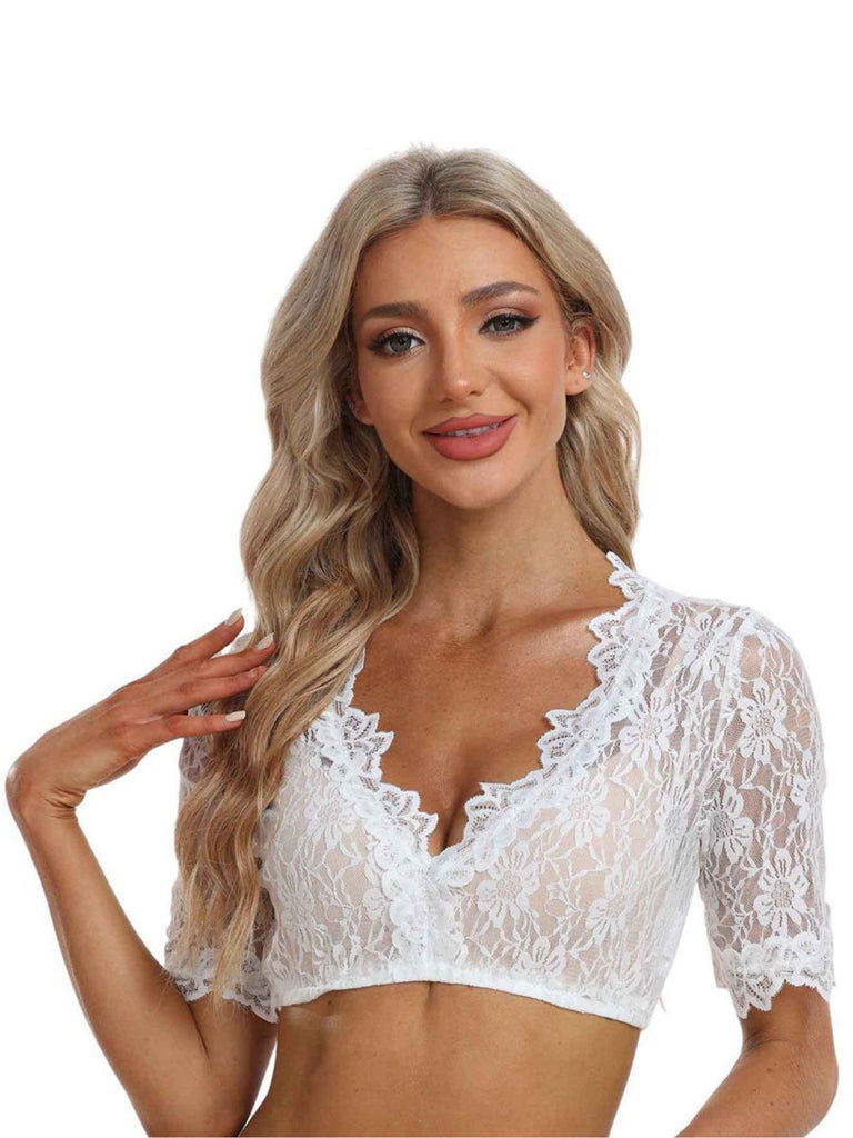 White 1950s Solid V-Neck Floral Lace Crop Top