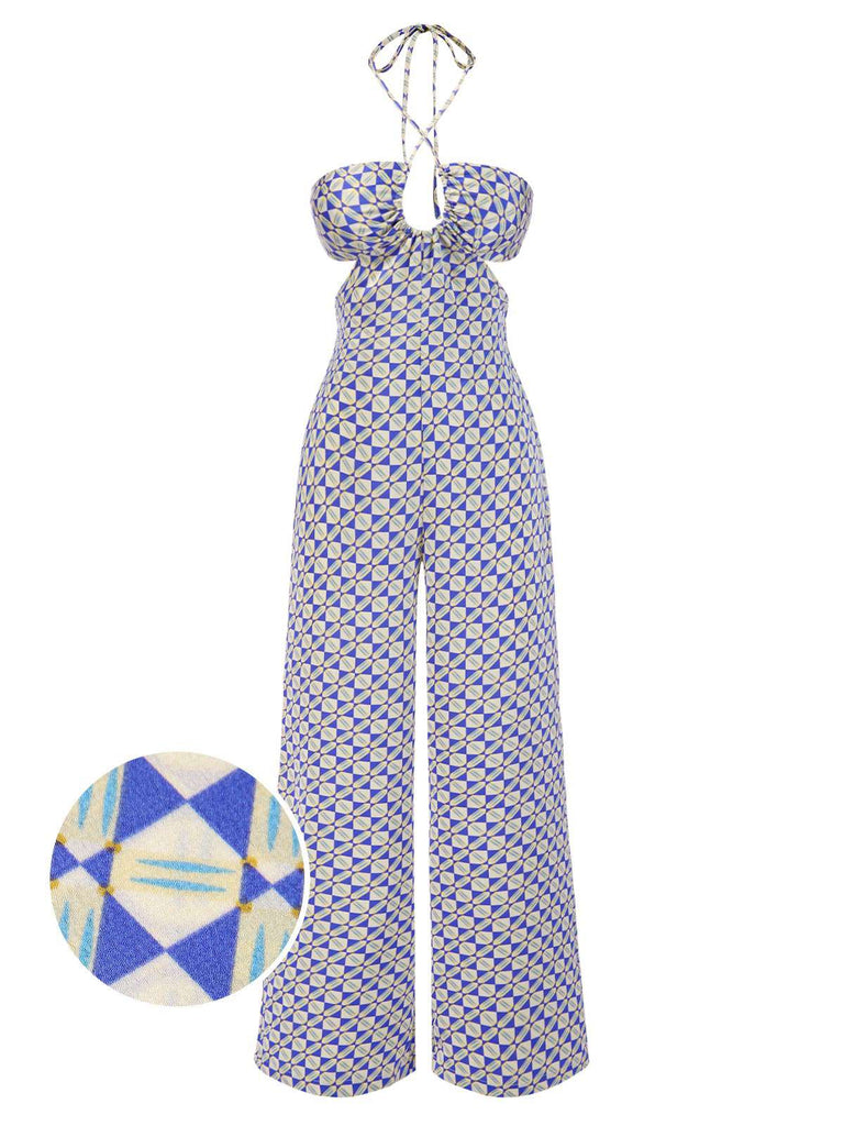 [Pre-Sale] Blue 1970s Geometric Print Halter Cut-Out Jumpsuit