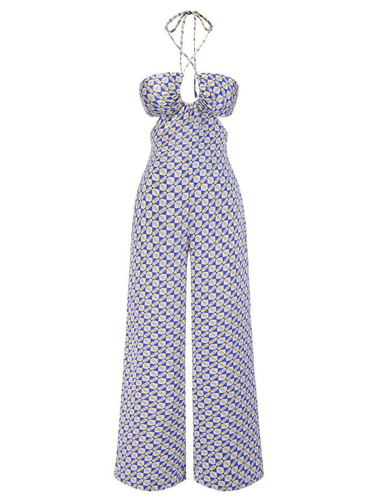 [Pre-Sale] Blue 1970s Geometric Print Halter Cut-Out Jumpsuit