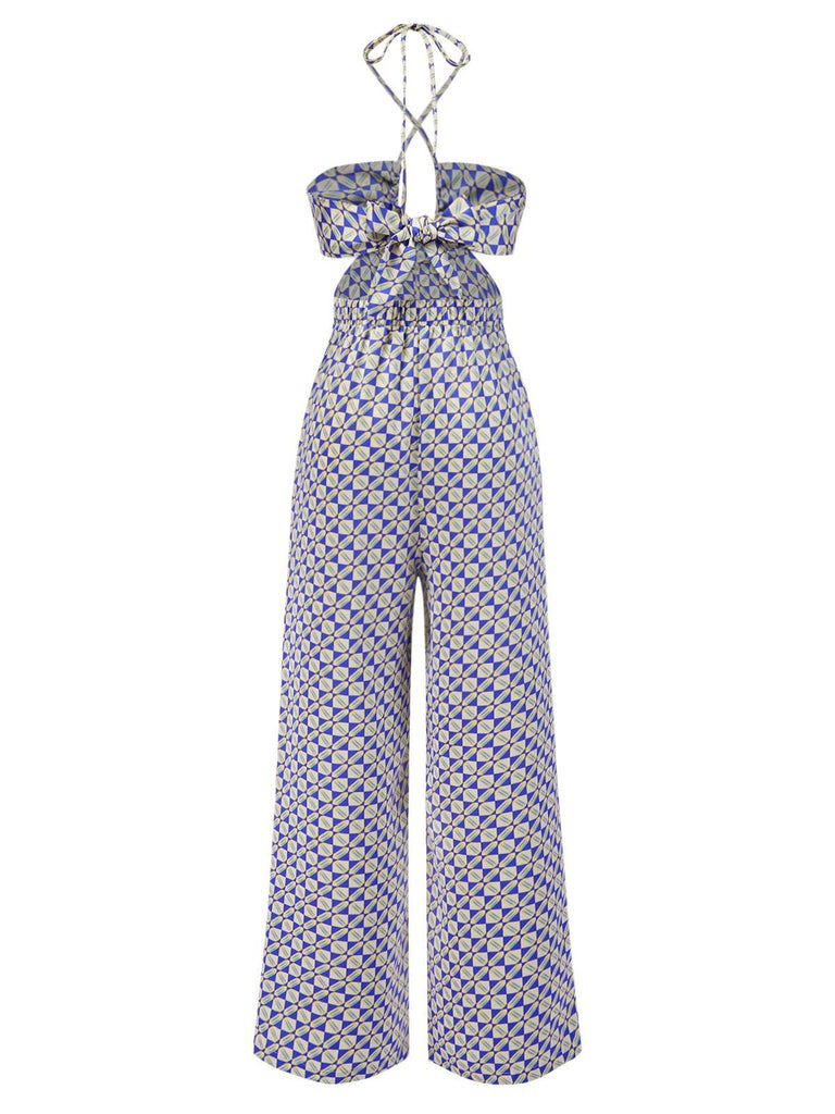 [Pre-Sale] Blue 1970s Geometric Print Halter Cut-Out Jumpsuit