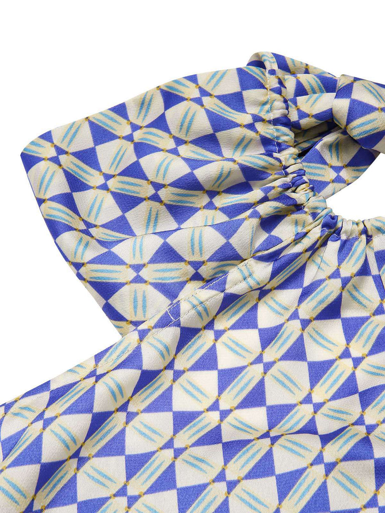 [Pre-Sale] Blue 1970s Geometric Print Halter Cut-Out Jumpsuit