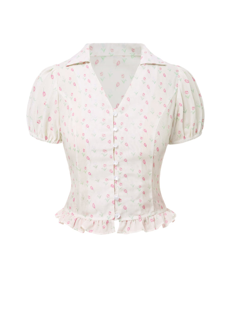 Pink 1940s Tulip V-Neck Lapel Ruffled Blouse
