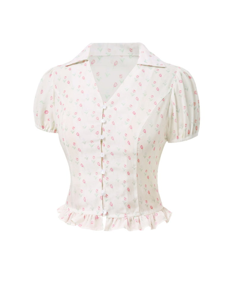 Pink 1940s Tulip V-Neck Lapel Ruffled Blouse