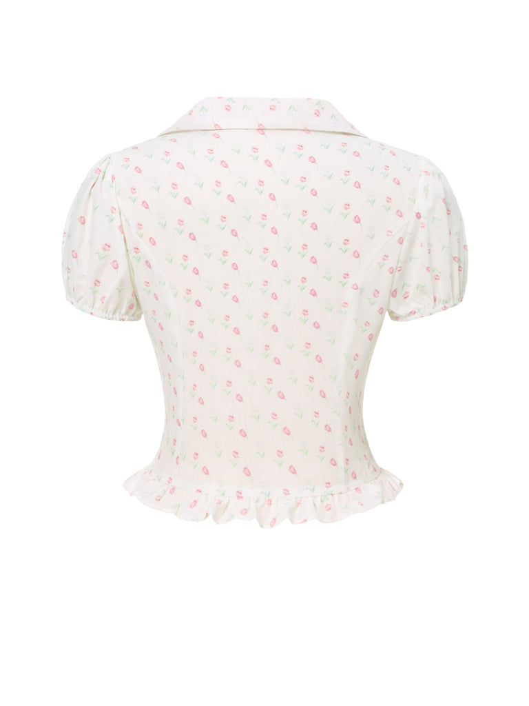 Pink 1940s Tulip V-Neck Lapel Ruffled Blouse