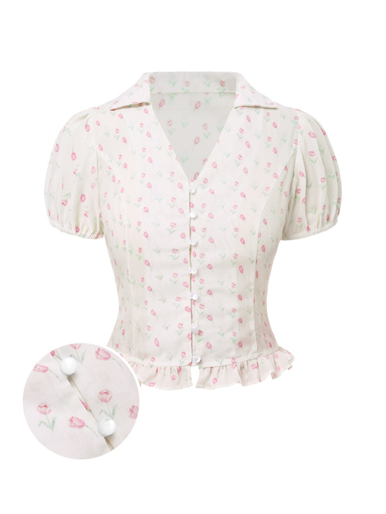 Pink 1940s Tulip V-Neck Lapel Ruffled Blouse