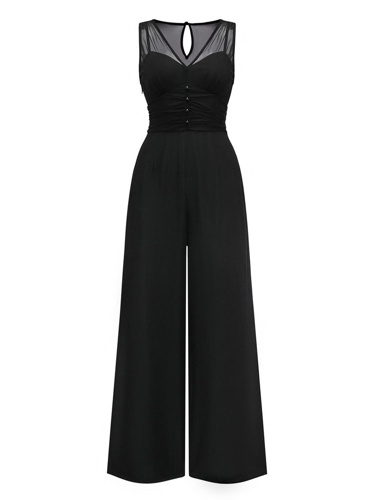 [Pre-Sale] Black 1930s Mesh Pleated Patchwork Jumpsuit