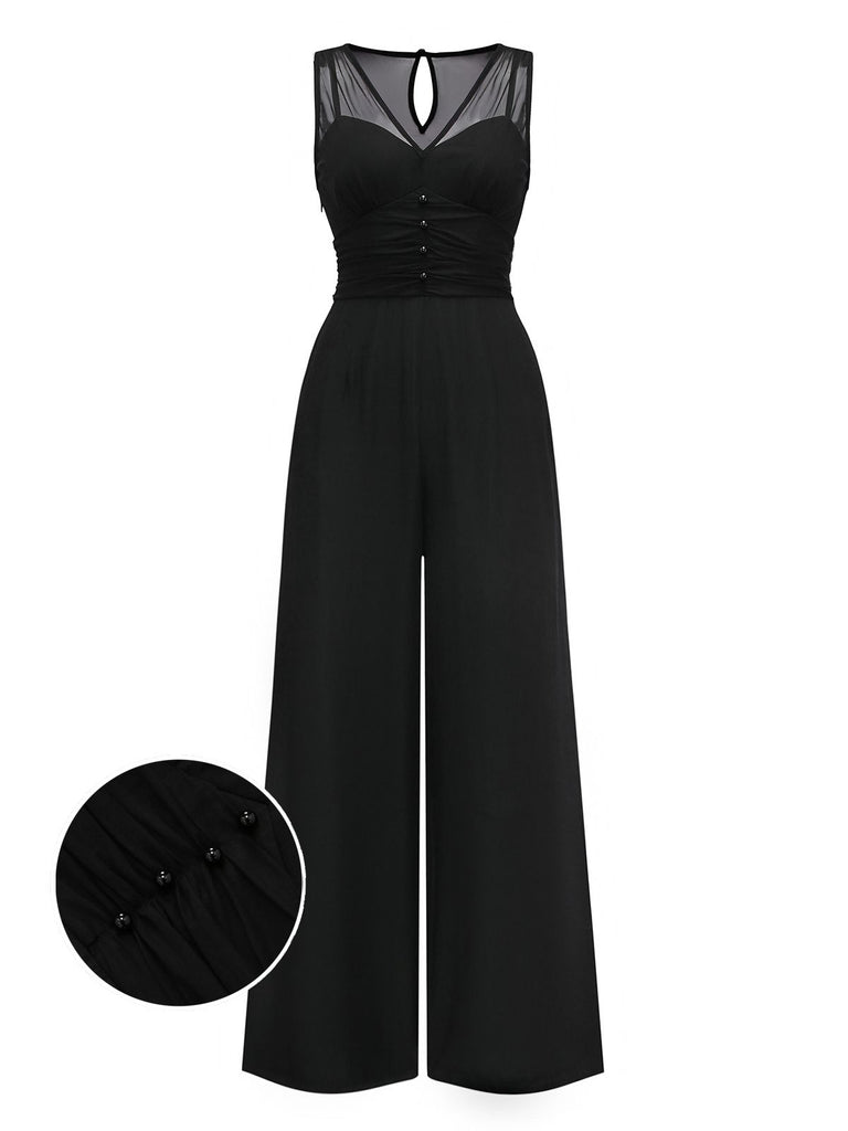 [Pre-Sale] Black 1930s Mesh Pleated Patchwork Jumpsuit