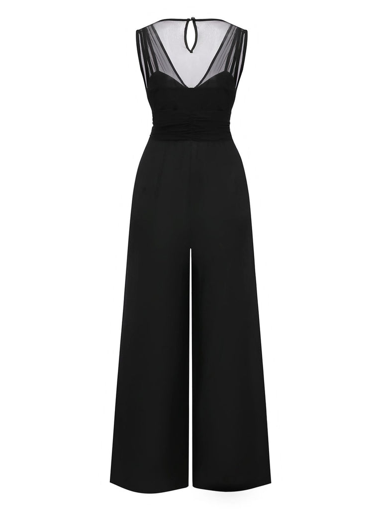 [Pre-Sale] Black 1930s Mesh Pleated Patchwork Jumpsuit