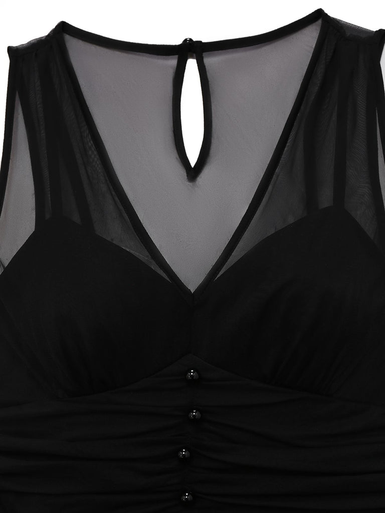 [Pre-Sale] Black 1930s Mesh Pleated Patchwork Jumpsuit
