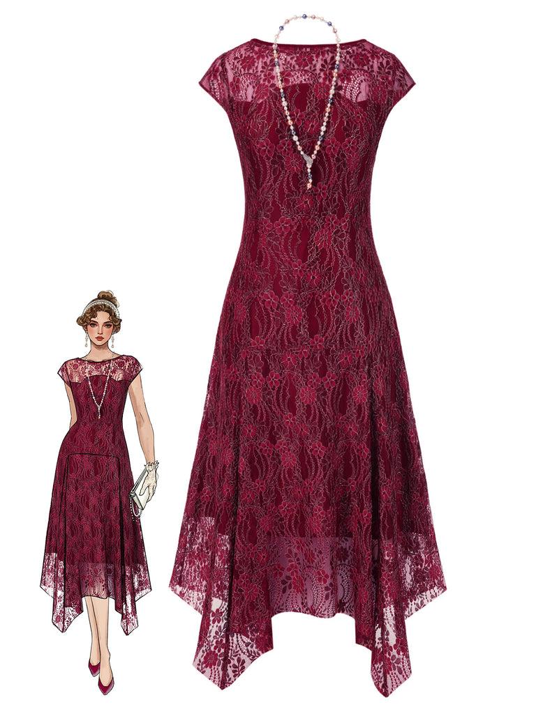 [Pre-Sale] Deep Red 1920s Lace Floral Dress With Necklace