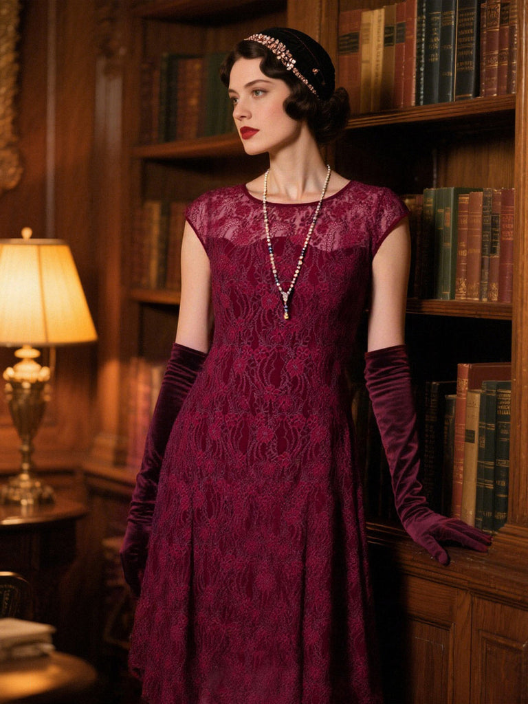 [Pre-Sale] Deep Red 1920s Lace Floral Dress With Necklace
