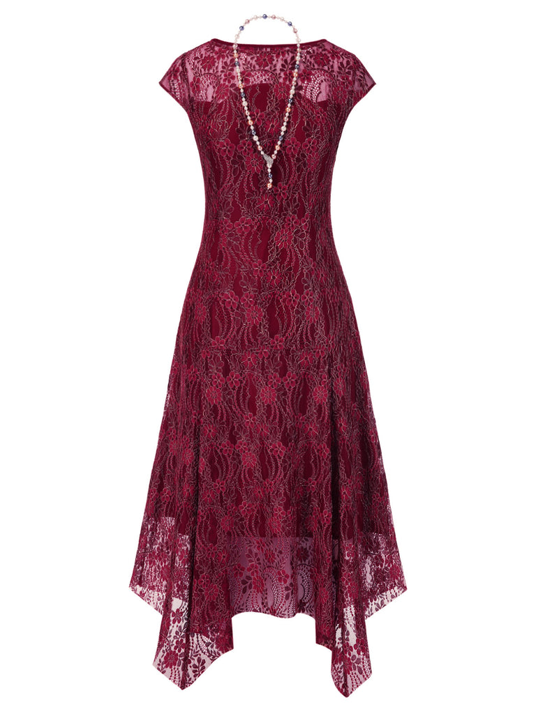 [Pre-Sale] Deep Red 1920s Lace Floral Dress With Necklace
