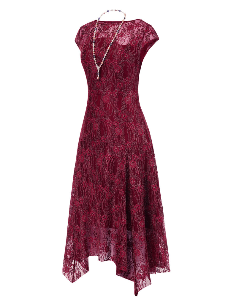 [Pre-Sale] Deep Red 1920s Lace Floral Dress With Necklace