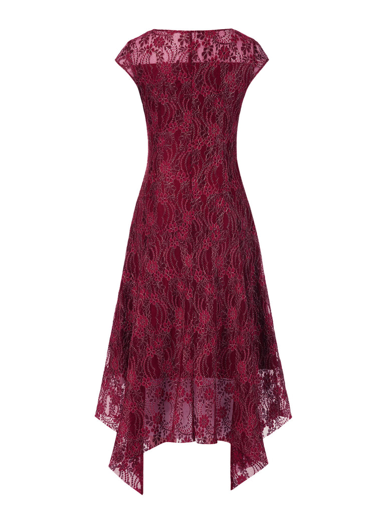 [Pre-Sale] Deep Red 1920s Lace Floral Dress With Necklace