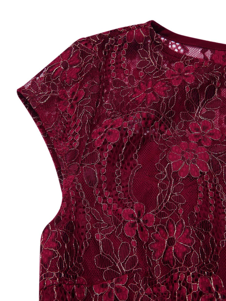 [Pre-Sale] Deep Red 1920s Lace Floral Dress With Necklace