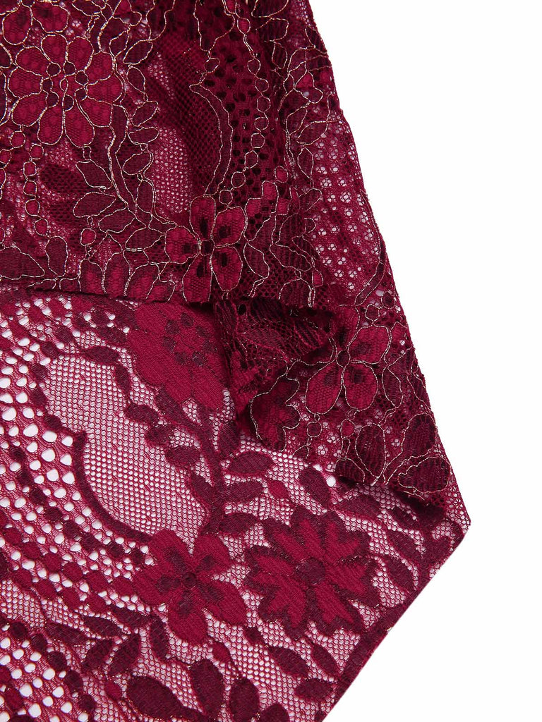 [Pre-Sale] Deep Red 1920s Lace Floral Dress With Necklace