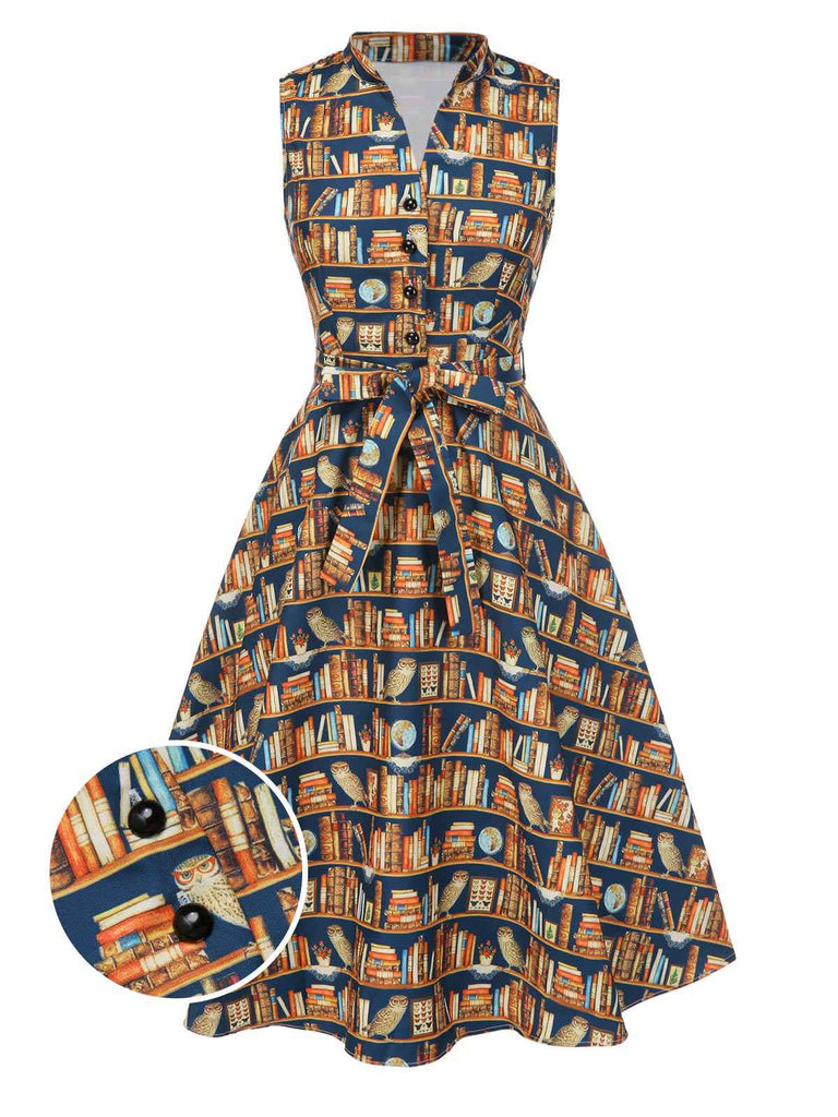 [Pre-Sale] 1950s Owl Bookshelf Print Stand Collar Dress