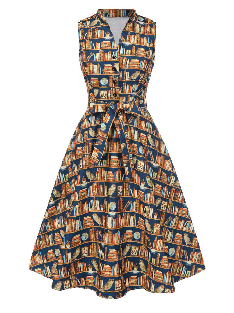 [Pre-Sale] 1950s Owl Bookshelf Print Stand Collar Dress