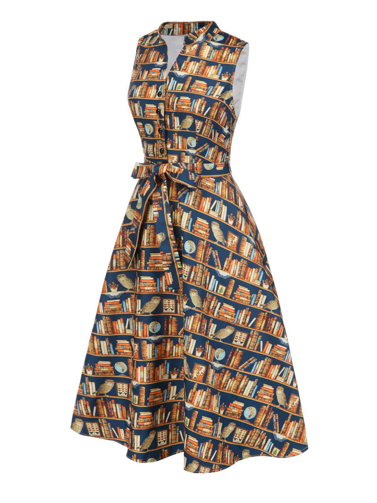 [Pre-Sale] 1950s Owl Bookshelf Print Stand Collar Dress